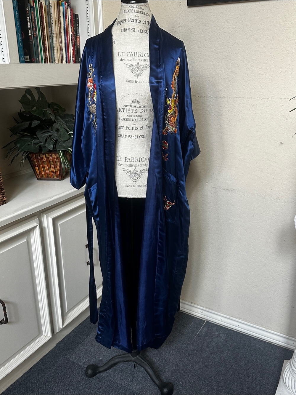 Embroidered Royal Blue Silk Robe - Picture 8 of 15
